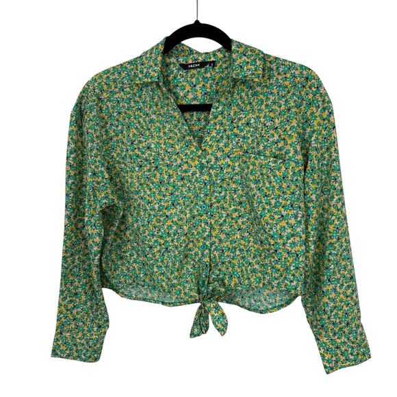 Nuon Tie waist crop Blouse size Small Green Ditzy Flowers Long Sleeve Button up - Picture 1 of 13